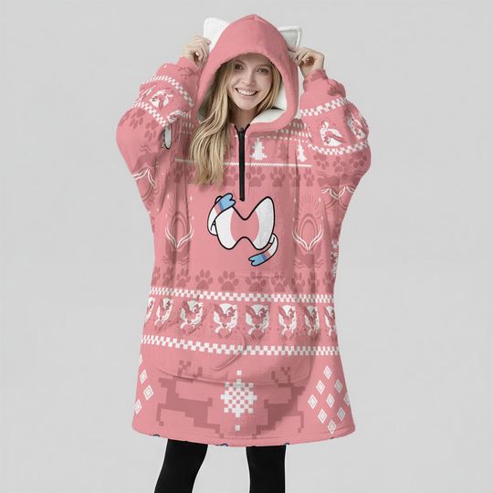 Kawaii Oversized Ugly Hoodie Blanket: Pastel Pink & Blue Harajuku Cosplay Cat Ear