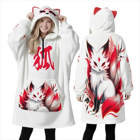 Kitsune Oversized Hoodie Fleece Blanket with Cat Ears, Nine-Tailed Fox Kitsune Mask Spirit Kami Inari Japanese Style Japan Hooded Sweatshirt