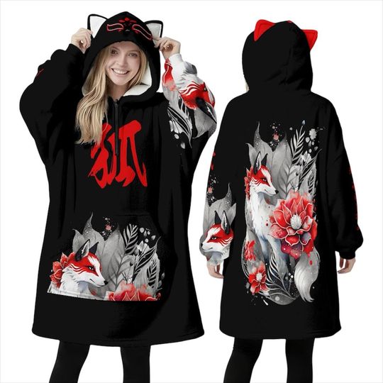 Kitsune Oversized Hoodie Fleece Blanket with Cat Ears, Nine-Tailed Fox Kitsune Mask Spirit Kami Inari Japanese Style Japan Hooded Sweatshirt