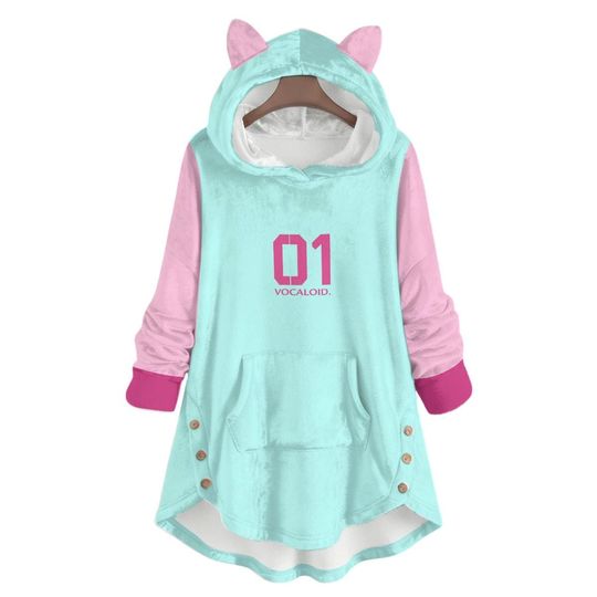 Miku Cat Ear Flannel Hoodie Vocaloid Cosplay  Kawaii Anime Streetwear  Unisex Gift for Hatsune Fans | Gift