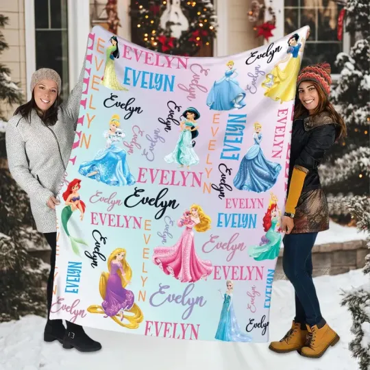 Discover Personalized Watercolor Disney Princess Blanket, Custom Name Girl Fleece Blanket