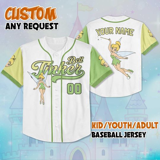 Discover Custom Tinker Bell Baseball Jersey, Personalize Disney Peter Pan Shirt, Baseball Team Outfit