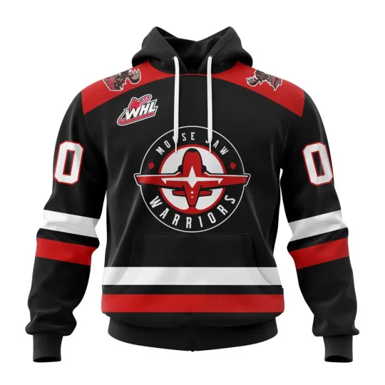 Discover Custom Moose Jaw Warriors 2025/26 Black Hoodie Zip Up T-Shirt Men's Fan Gear