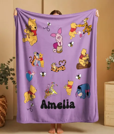 Discover Disney Winnie The Pooh & Cute Friends Purple Customize Name Fleece Blanket