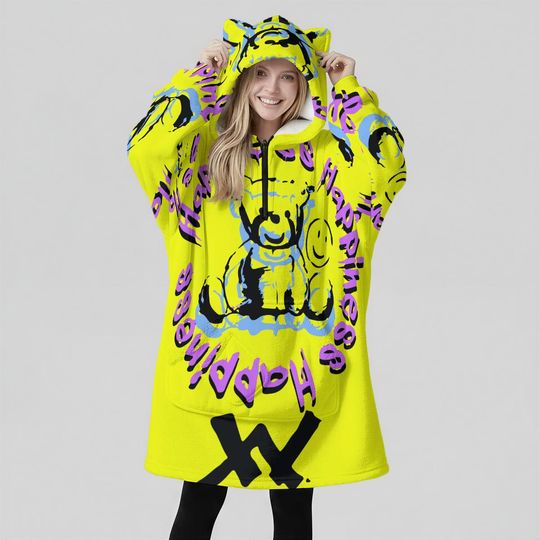 Minimal Streetwear Fleece Oversized Happiness Hoodie Blanket