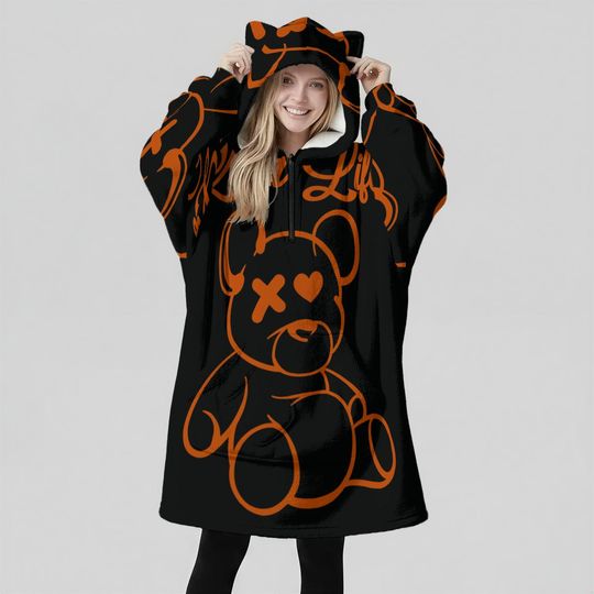 Minimal Streetwear Fleece Oversized Bears Life Hoodie Blanket