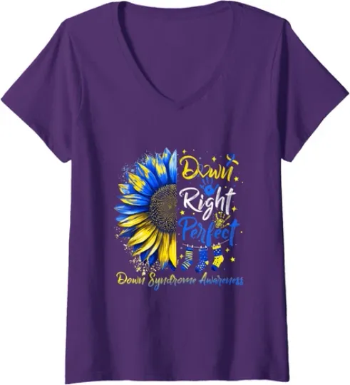 Discover Down Right Perfect Down Syndrome Awareness Ribbon Ladies' V-Neck Tshirt