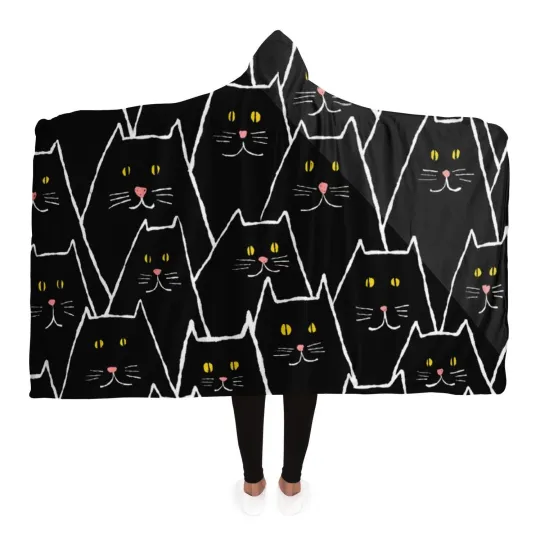 Cats Pattern Hooded Blanket for Halloween and Pet Lovers