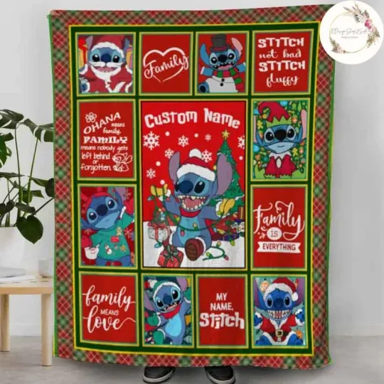 Personalized Disney Stitch Christmas Blanket, Lilo & Stitch Angel Fleece Blanket