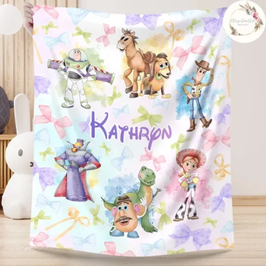 Discover Personalized Watercolor Coquette Bows Disney Pixar Toy Story Fleece Blanket