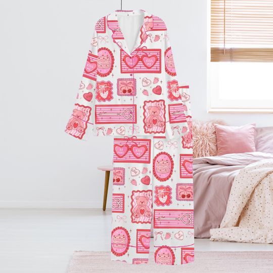 Valentine Candy Pink Pajama Set for Women - Long Sleeve Button Top & Pants with Heart Print