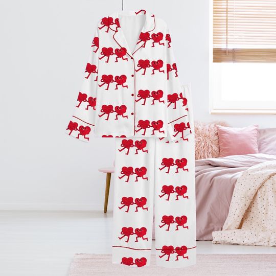 Discover Valentine Heart Pajama Set, White Button Up Long Sleeve Top with Red Piping & Elastic Waist Pants, Cute Love Loungewear Gift for Her