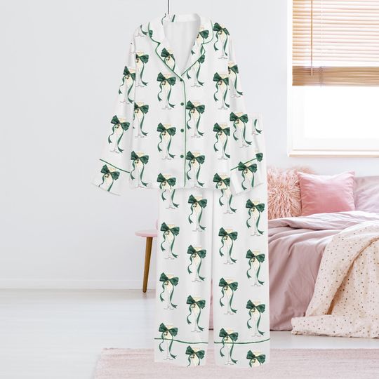 Green Bow Champagne Glass Pajama Set for Women, Long Sleeve Button-Up Top and Pants, Holiday Sleepwear