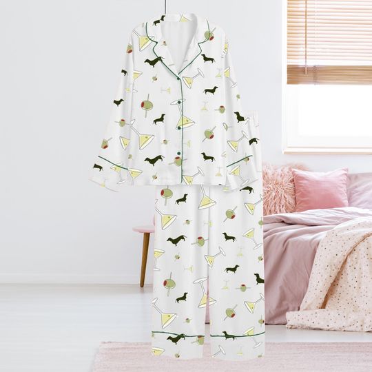 Discover Dachshund Martini Cocktail Pajama Set, Button-Up Long Sleeve Top & Pants, White Dog Print PJs with Green Piping, Cozy Sleepwear Gift for Her