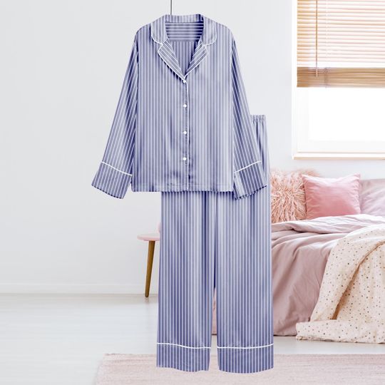 Blue Pinstripe Women's Pajama Set with Long Sleeve Top and Pants, Classic Piped Sleepwear, Matching Two-Piece Nightwear