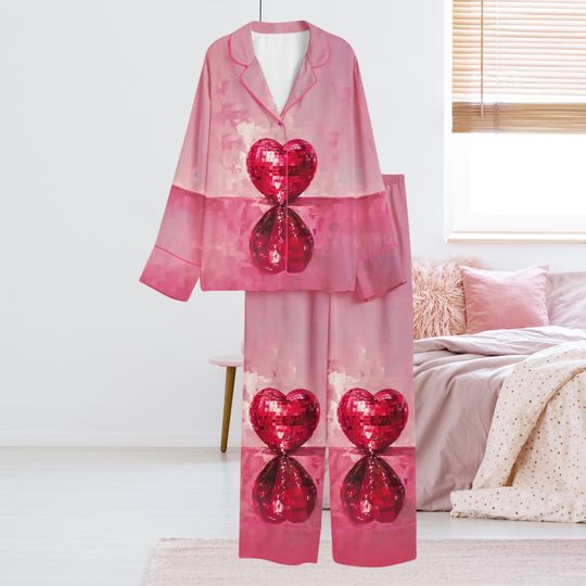 Pink Disco Heart Pajama Set with Notched Collar Top and Elastic Waist Pants, Valentine's Loungewear for Women