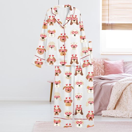Discover Valentine Dog Pajama Set, White Button Up Long Sleeve Top & Elastic Waist Pants, Heart Sunglasses Puppy Print, Red Piping Sleepwear Gift