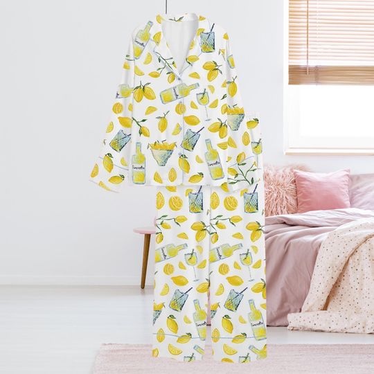 Discover Womens Lemon Pajama Set, White Button Down Long Sleeve Top & Pants, Watercolor Lemonade Print Sleepwear, Cozy Loungewear Gift for Her