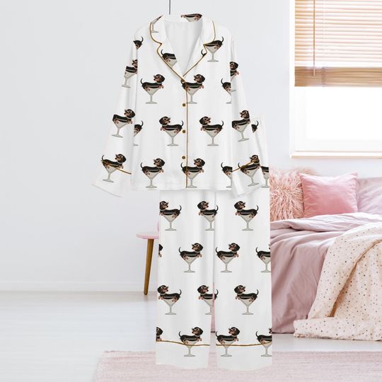 Dachshund Martini Pajama Set for Women, White Long Sleeve Top and Pants, Gold Piping, Funny Dog Sleepwear