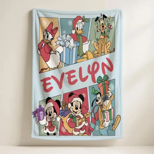 Discover Personalized Disney Mickey Friends Christmas Gift Blue Cozy Fleece Blanket