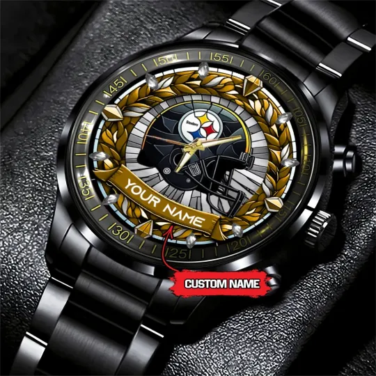 Personalized Pittsburgh Football Steelerss Team Men Black Stainless Steel Watch