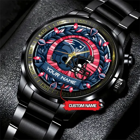 Discover Personalized New England Football Patriotss Team Men Black Stainless Steel Watch
