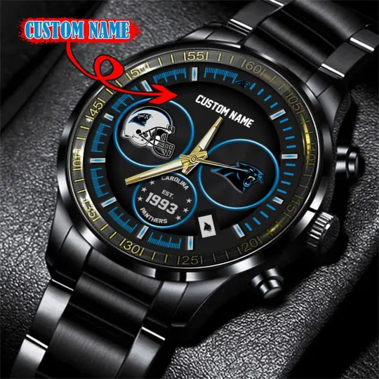 Discover Panthers Black Stainless Steel Watch – Custom Name