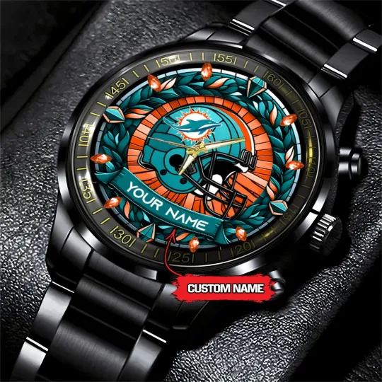 Discover Personalized Miami Football Dolphinss Team Men Black Stainless Steel Watch Gift