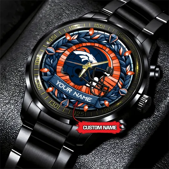 Discover Personalized Denver Football Broncoss Team Men Black Stainless Steel Watch Gift