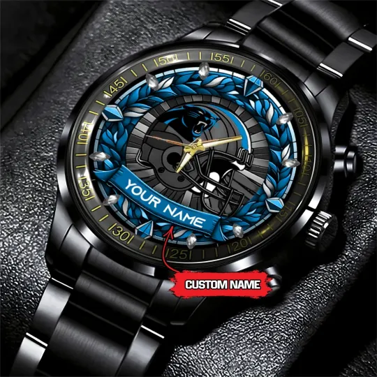 Discover Personalized Carolina Football Pantherss Team Men Black Stainless Steel Watch