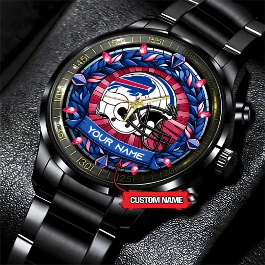 Discover Personalized Buffalo Football Billss Team Men Black Stainless Steel Watch Gift
