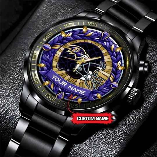 Discover Personalized Baltimore Football Ravenss Team Men Black Stainless Steel Watch