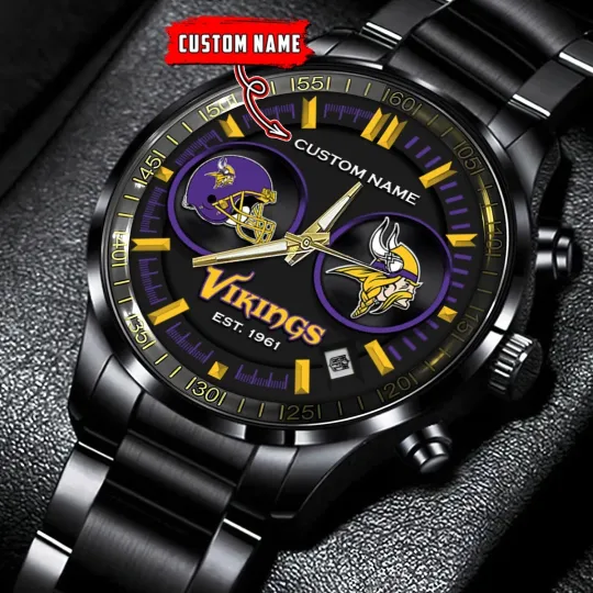 Discover Personalized Minnesota Football Vikingss Team Men Black Stainless Steel Watch