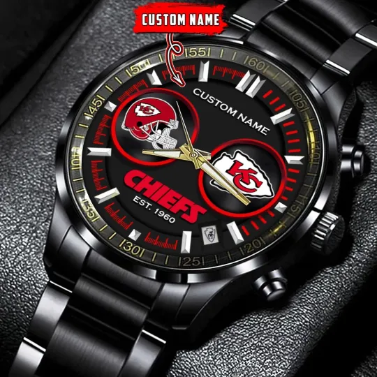 Discover Personalized Kansas City Football Chiefss Team Men Black Stainless Steel Watch