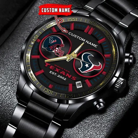 Discover Personalized Houston Football Texanss Team Men Black Stainless Steel Watch Gift