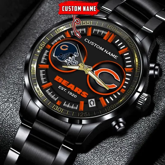 Discover Personalized Chicago Football Bearss Team Men Black Stainless Steel Watch
