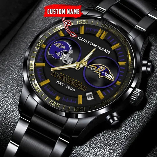 Discover Personalized Baltimore Football Ravenss Team Men Black Stainless Steel Watch
