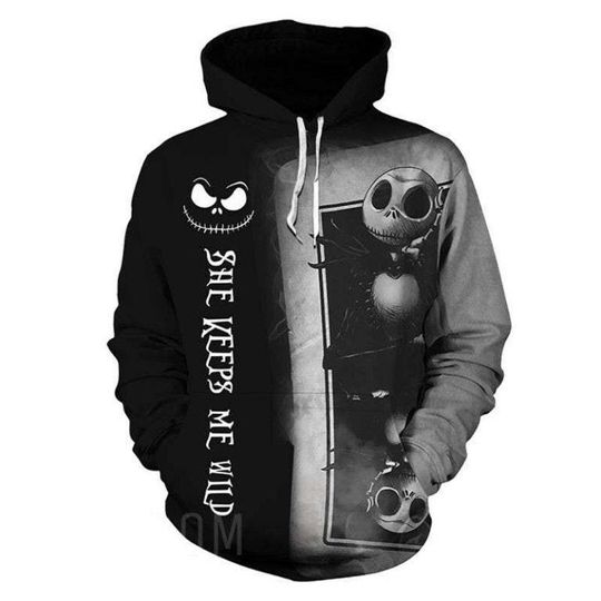 Discover Personalized She Keeps Me Wild Jack And Sally Couple Halloween Hoodie Funny Skeleton 3D Printed Hoodie, AOP Unisex Inspired Apparel