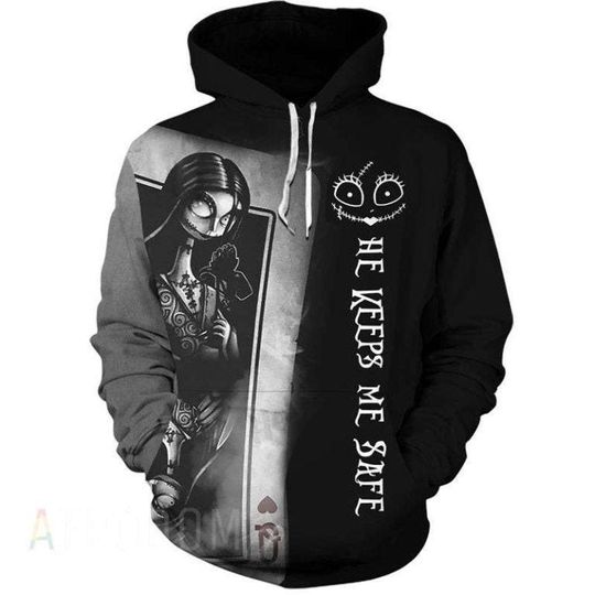 Discover Personalized He Keeps Me Safe Jack And Sally Couple  Halloween Hoodie Funny Skeleton 3D Printed Hoodie, AOP Unisex Inspired Apparel