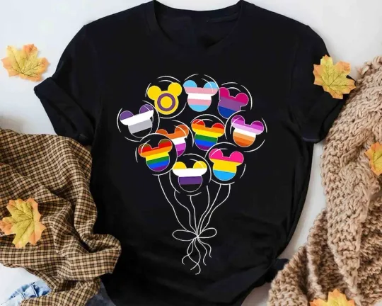 Discover Disney Mickey Balloons Rainbow Black T-shirt