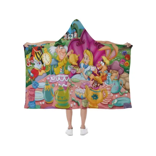 Discover New! Disney Alice In Wonderland Print Hooded Blanket Soft Fleece Lining Wearable