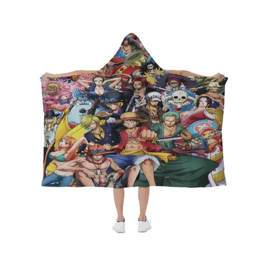 Discover Anime - One Piece Characters Print Hooded Blanket Soft Fleece Lining Wearable