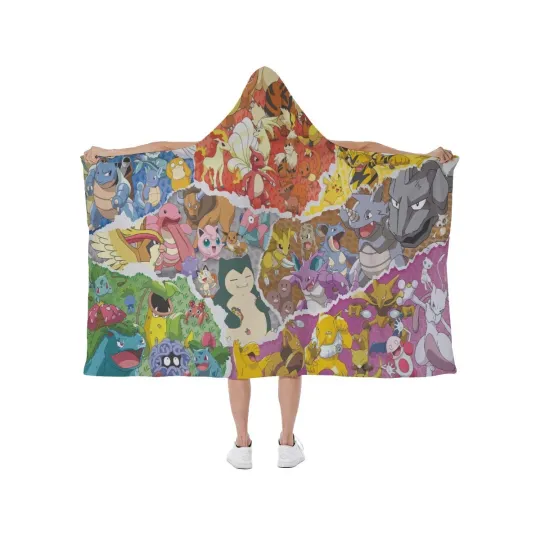 Discover New! Poket mons Pika Characters Print Hooded Blanket Soft Fleece Lining Wearable