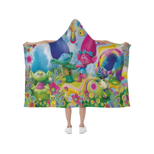 Discover New! Happy DreamWorks Trolls Print Hooded Blanket Soft Fleece Lining Wearable