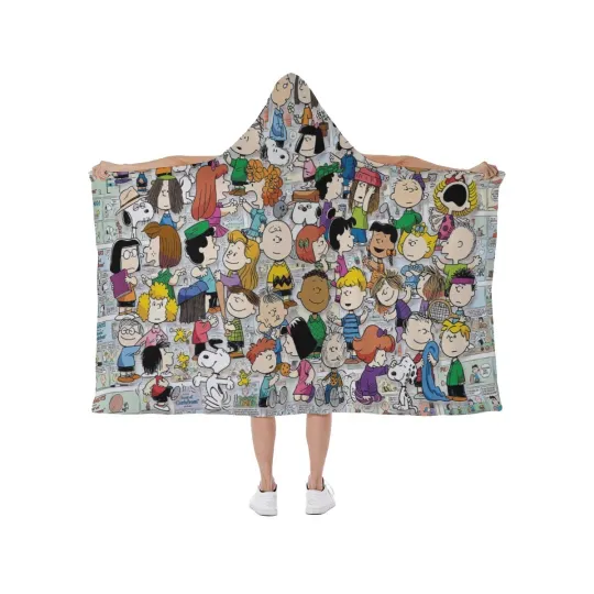 Discover New! Peanuts Snoopy Characters Print Hooded Blanket Soft Fleece Lining Wearable