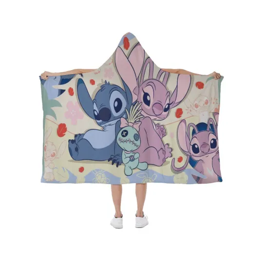 Stitch and Angel Couple Print Hooded Fleece Blanket Wearable