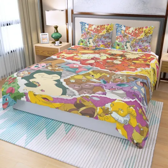 Discover Poket mons Pika Characters Print Duvet Cover Set 3Pcs Quilt Cover and Pillowcases