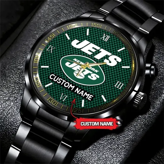 Discover Personalized New York Football Team Jetss Black Stainless Steel Watch For Men