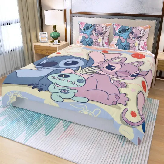 Stitch and Angel Couple Print Duvet Cover Set 3 Pieces Bedding Set