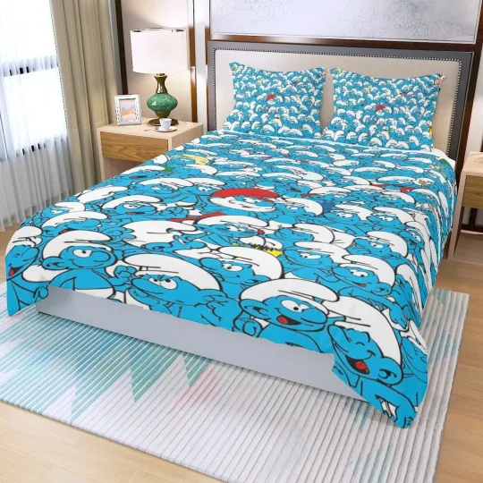 Discover Smuurfs Cartoon Print Duvet Cover Set 3Pcs Quilt Cover and Pillowcases